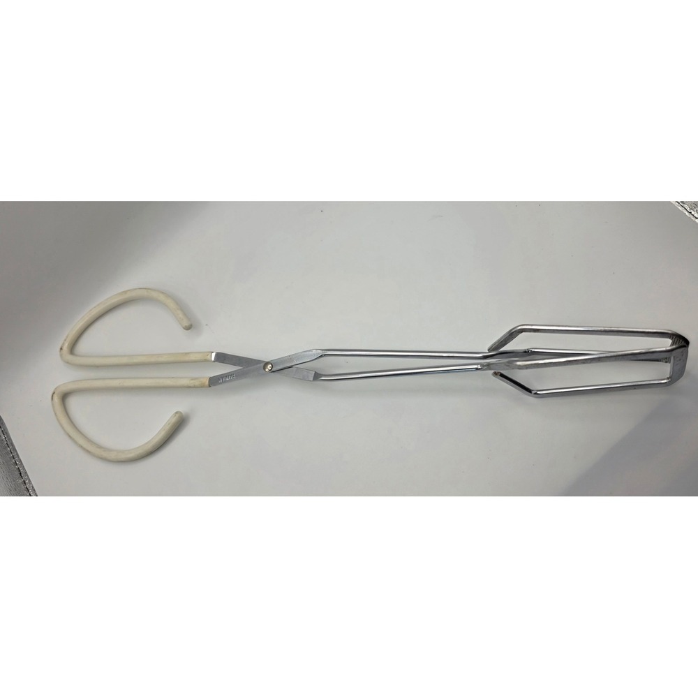 Vintage Scissor Kitchen‎ Tongs Chrome Metal White Coated Handles 11 Inch Taiwan